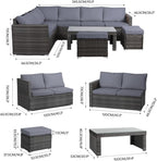 Panana Rattan Garden Sofa Set, 8-Seater - Coffee Table & Stool, Grey