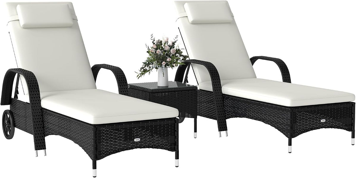 Outsunny Rattan Sun Loungers, Set of 2 - With Side Table, Black