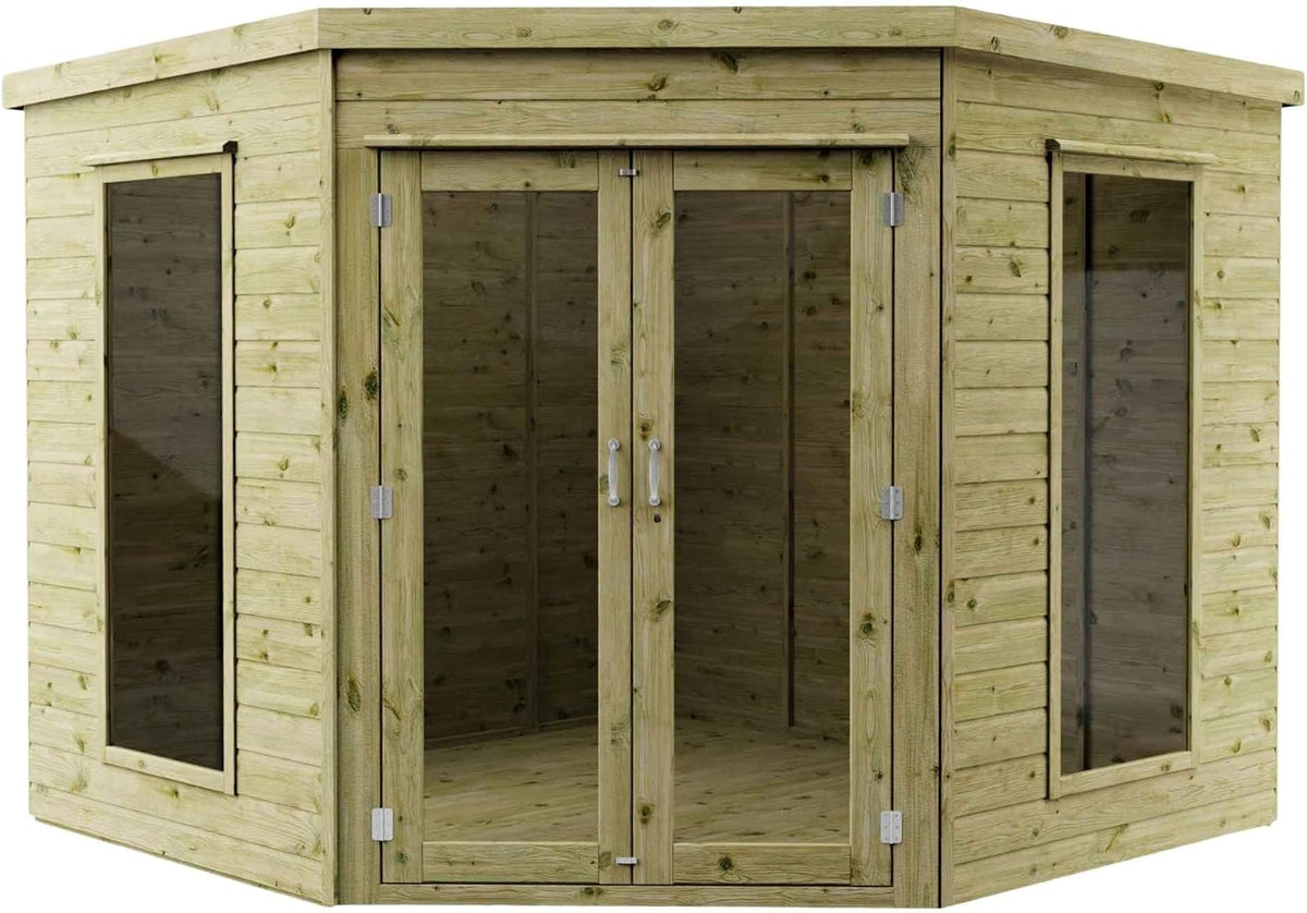 Waltons Wooden Corner Summerhouse - Shiplap Tongue & Groove, Flat Roof, Double Door, 8 x 8 ft