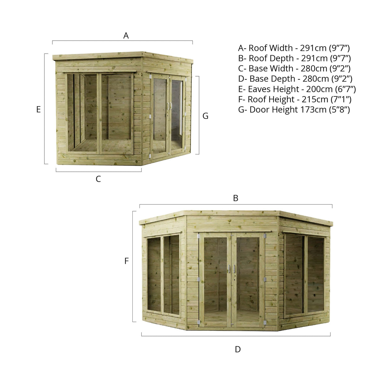 Waltons Wooden Corner Summerhouse - Shiplap Tongue & Groove, Flat Roof, Double Door, 8 x 8 ft