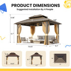 EROMMY Hardtop Gazebo - 3 x 3.6m, Aluminum Double Roof, Brown