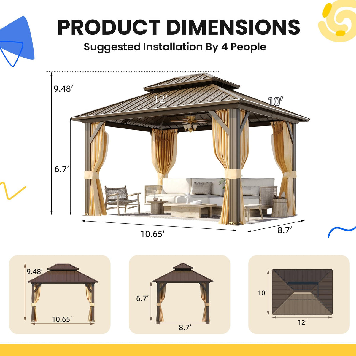 EROMMY Hardtop Gazebo - 3 x 3.6m, Aluminum Double Roof, Brown