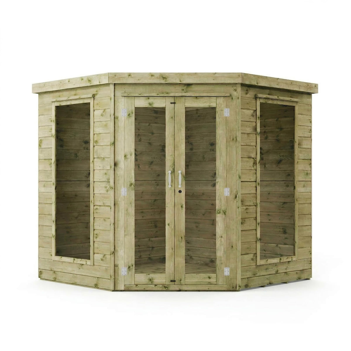 Waltons Wooden Corner Summerhouse - Shiplap Tongue & Groove, Flat Roof, Double Door, 8 x 8 ft