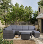 Panana Rattan Garden Sofa Set, 8-Seater - Coffee Table & Stool, Grey