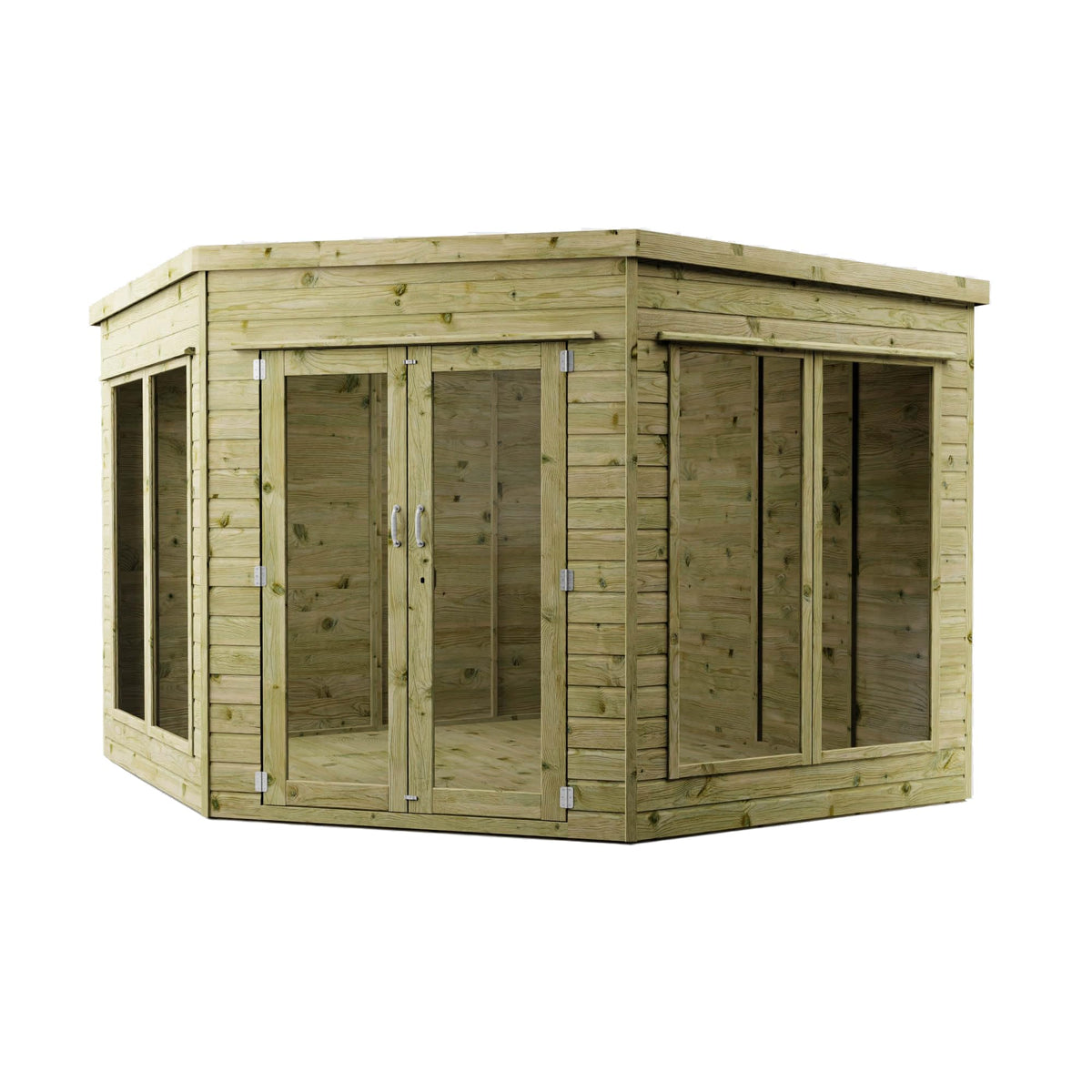 Waltons Wooden Corner Summerhouse - Shiplap Tongue & Groove, Flat Roof, Double Door, 8 x 8 ft