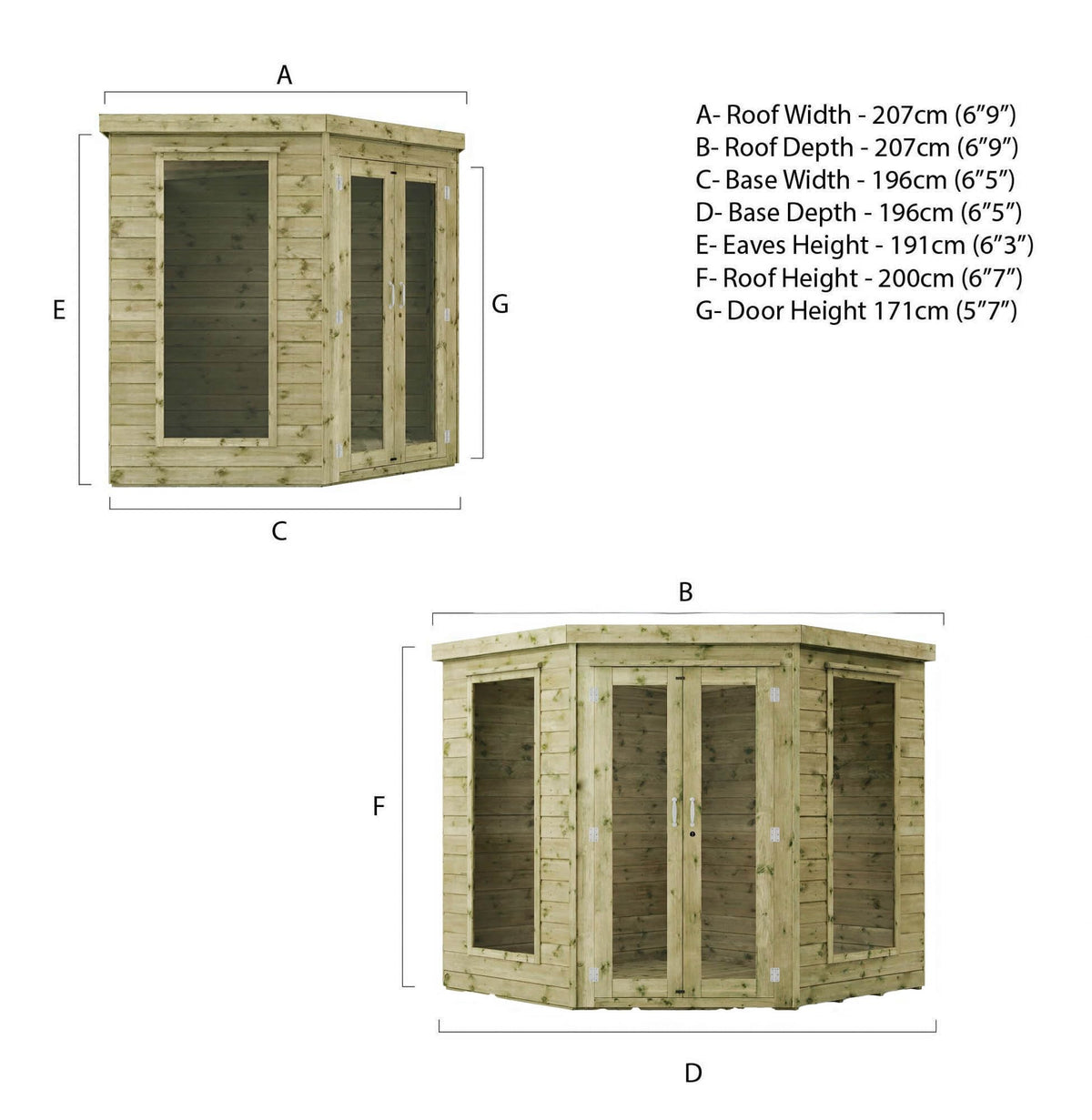 Waltons Wooden Corner Summerhouse - Shiplap Tongue & Groove, Flat Roof, Double Door, 8 x 8 ft