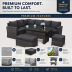 Goods Emporium Rattan Garden Furniture Set, 9-Seater - Height-Adjustable Rising Table, Dark Grey