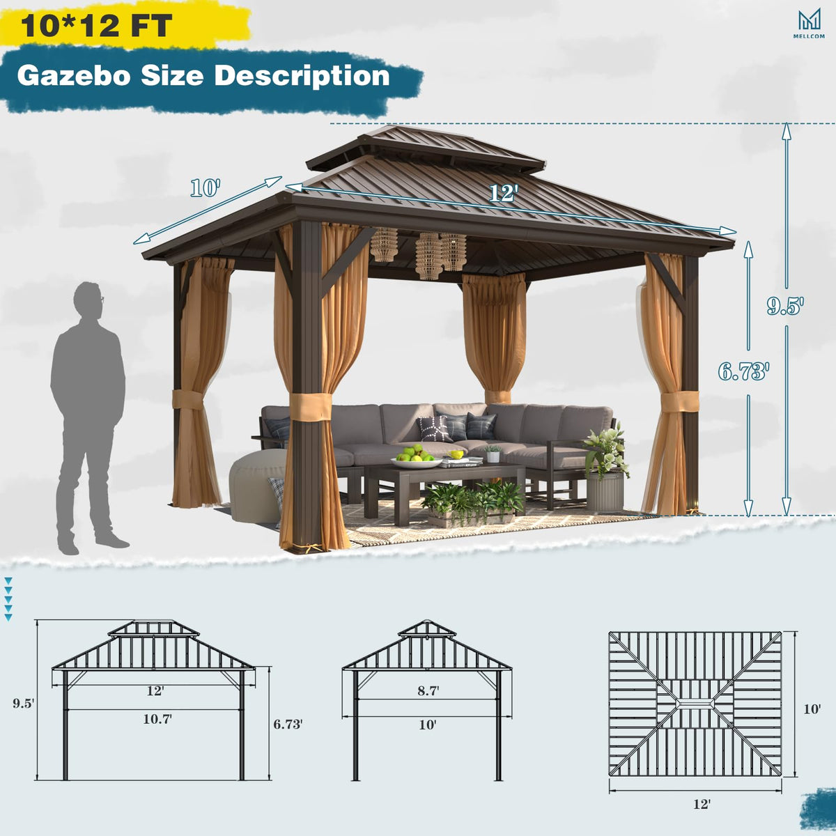 MELLCOM Hardtop Gazebo - 3 x 3.6m, Aluminum Double Roof, Brown