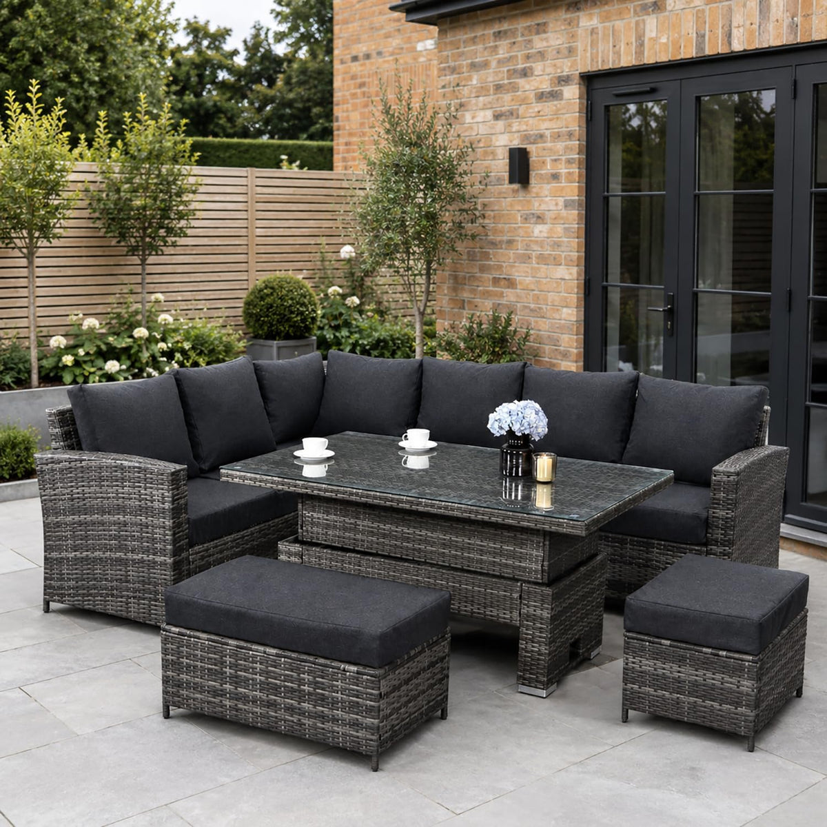 Goods Emporium Rattan Garden Furniture Set, 9-Seater - Height-Adjustable Rising Table, Dark Grey