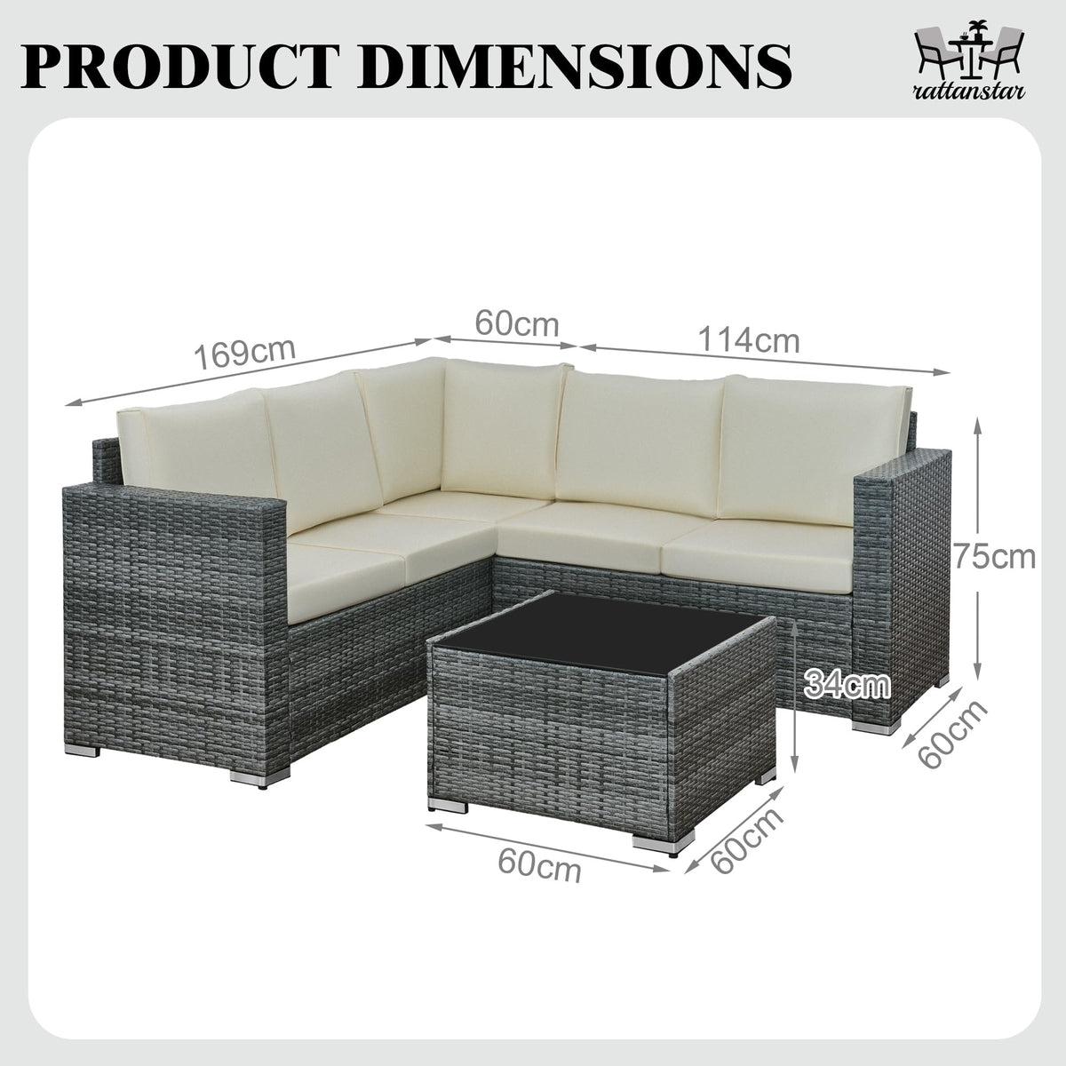 rattanstar Rattan Garden Furniture Set, 5-Seater - Corner Sofa with Glass-Top Coffee Table