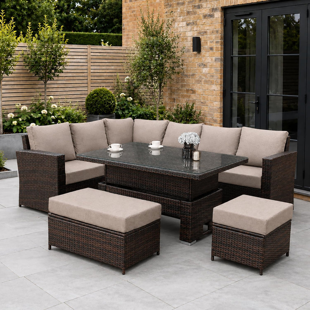 Goods Emporium Rattan Garden Furniture Set, 9-Seater - Height-Adjustable Rising Table, Dark Grey