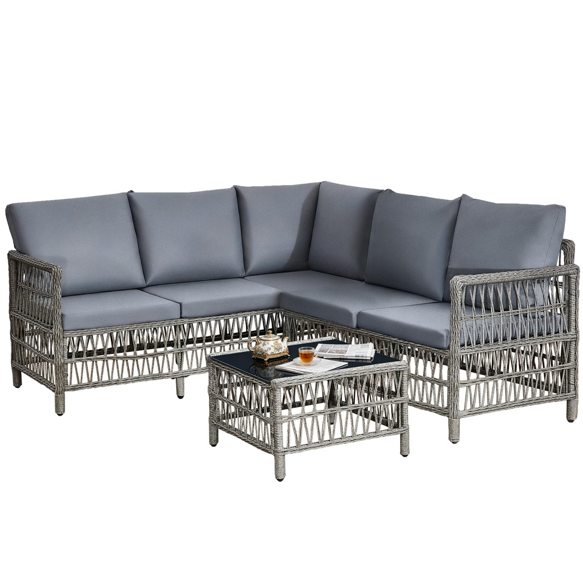rattanstar Rattan Garden Furniture Set, 5-Seater - Corner Sofa with Glass-Top Coffee Table