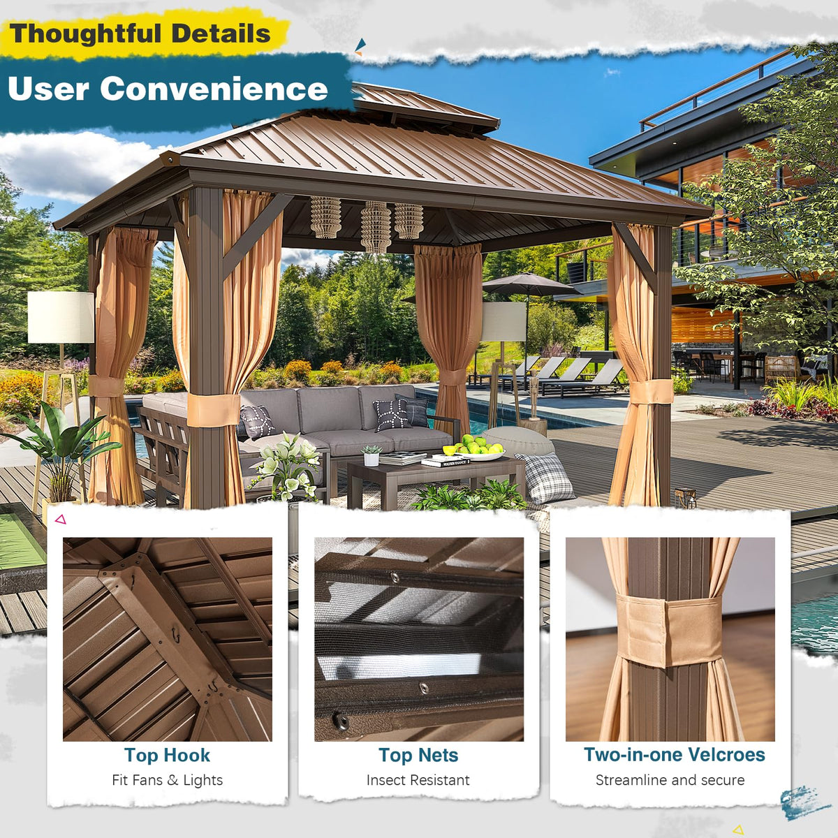 MELLCOM Hardtop Gazebo - 3 x 3.6m, Aluminum Double Roof, Brown
