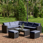 Panana Rattan Garden Sofa Set, 8-Seater - Coffee Table & Stool, Grey