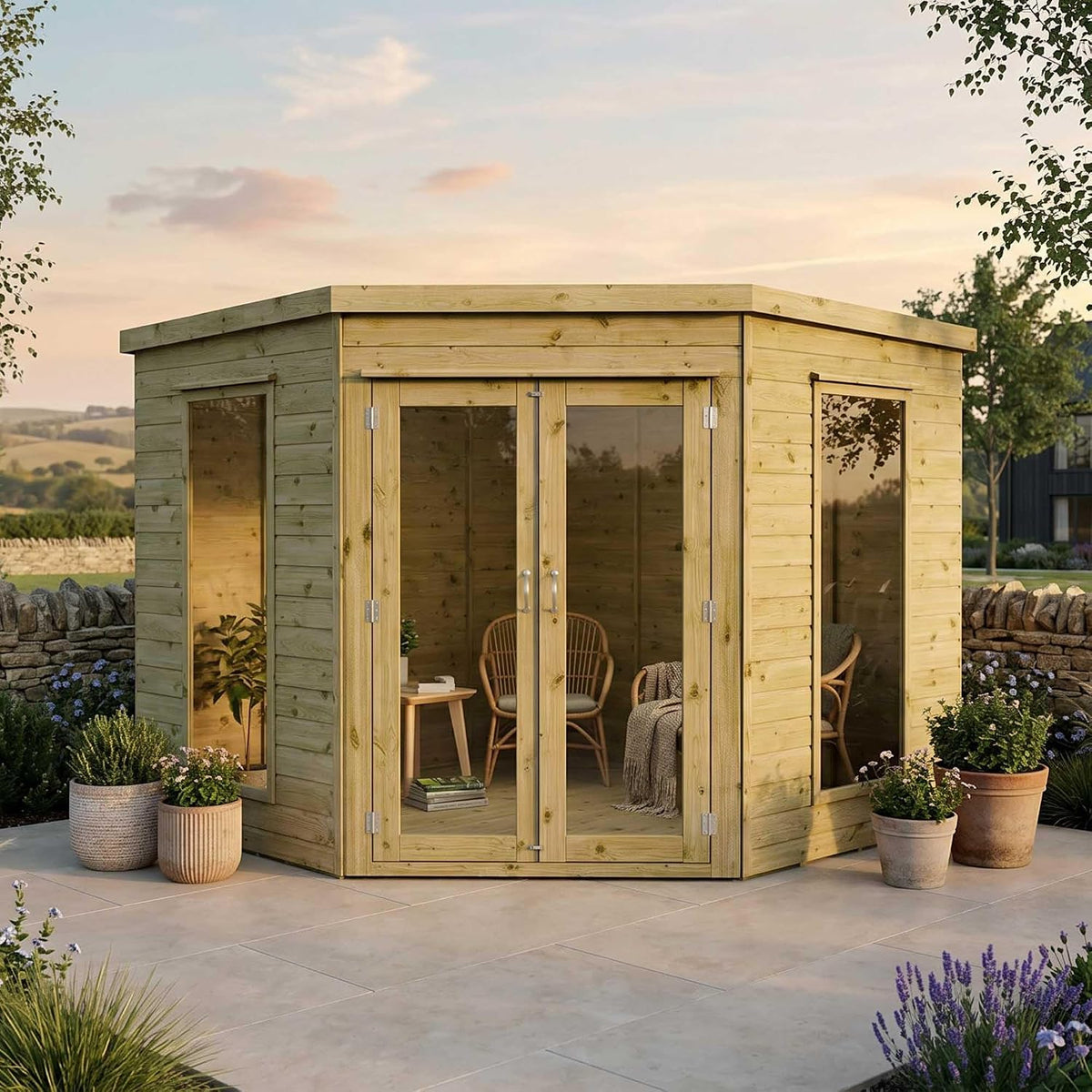 Waltons Wooden Corner Summerhouse - Shiplap Tongue & Groove, Flat Roof, Double Door, 8 x 8 ft