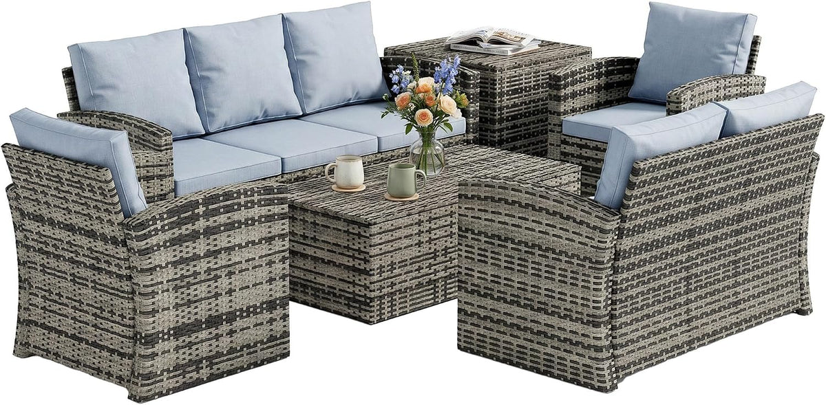 Outsunny Rattan Garden Furniture Set, 7-Seater - 6-Piece, Cushions, Grey