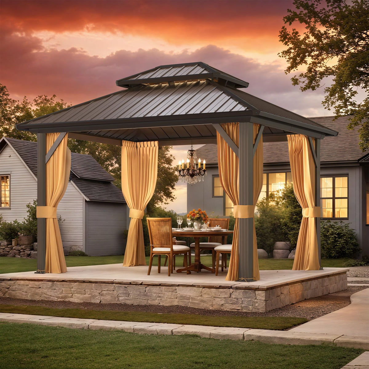 EROMMY Hardtop Gazebo - 3 x 3.6m, Aluminum Double Roof, Brown