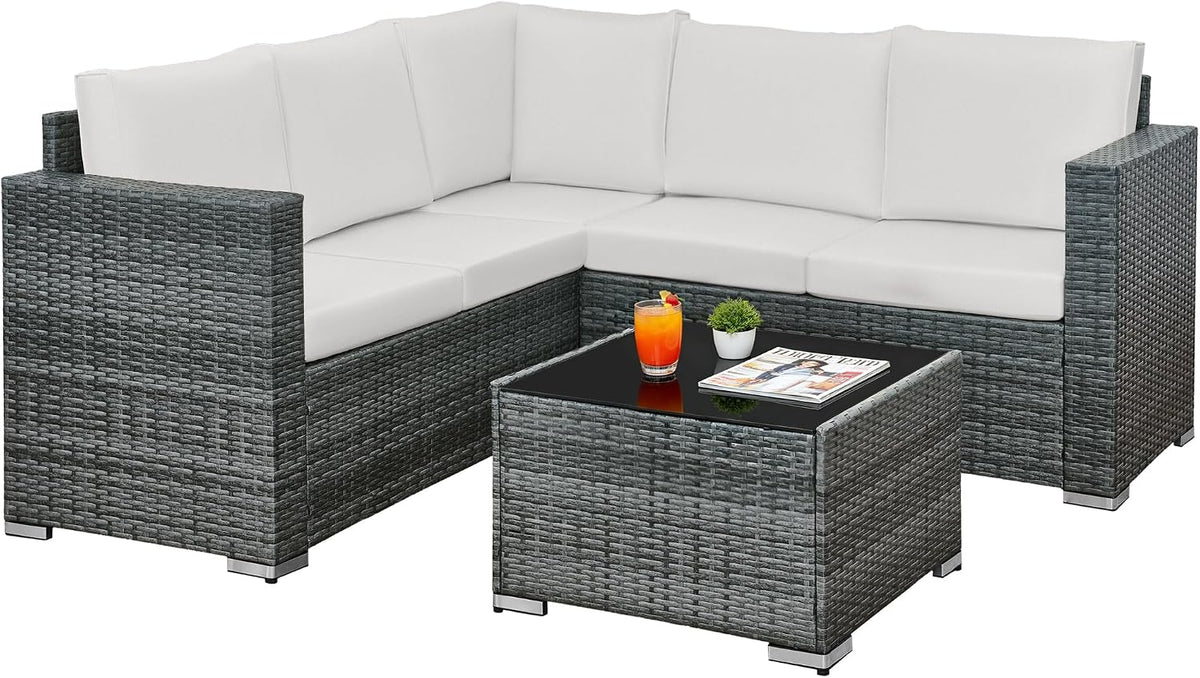 rattanstar Rattan Garden Furniture Set, 5-Seater - Corner Sofa with Glass-Top Coffee Table
