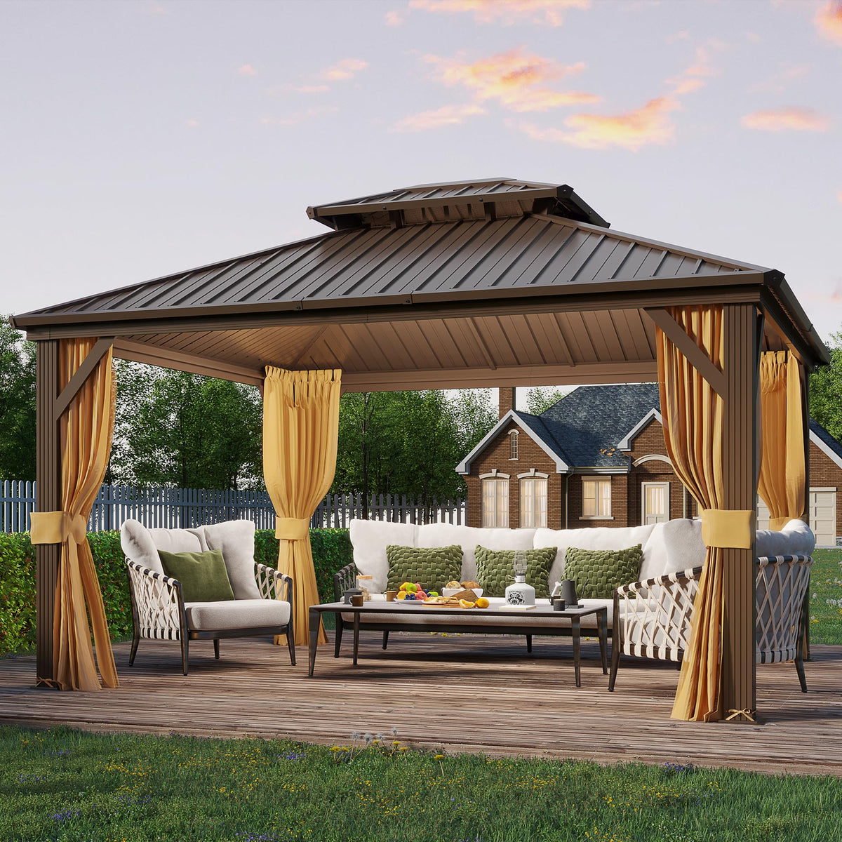EROMMY Hardtop Gazebo - 3 x 3.6m, Aluminum Double Roof, Brown