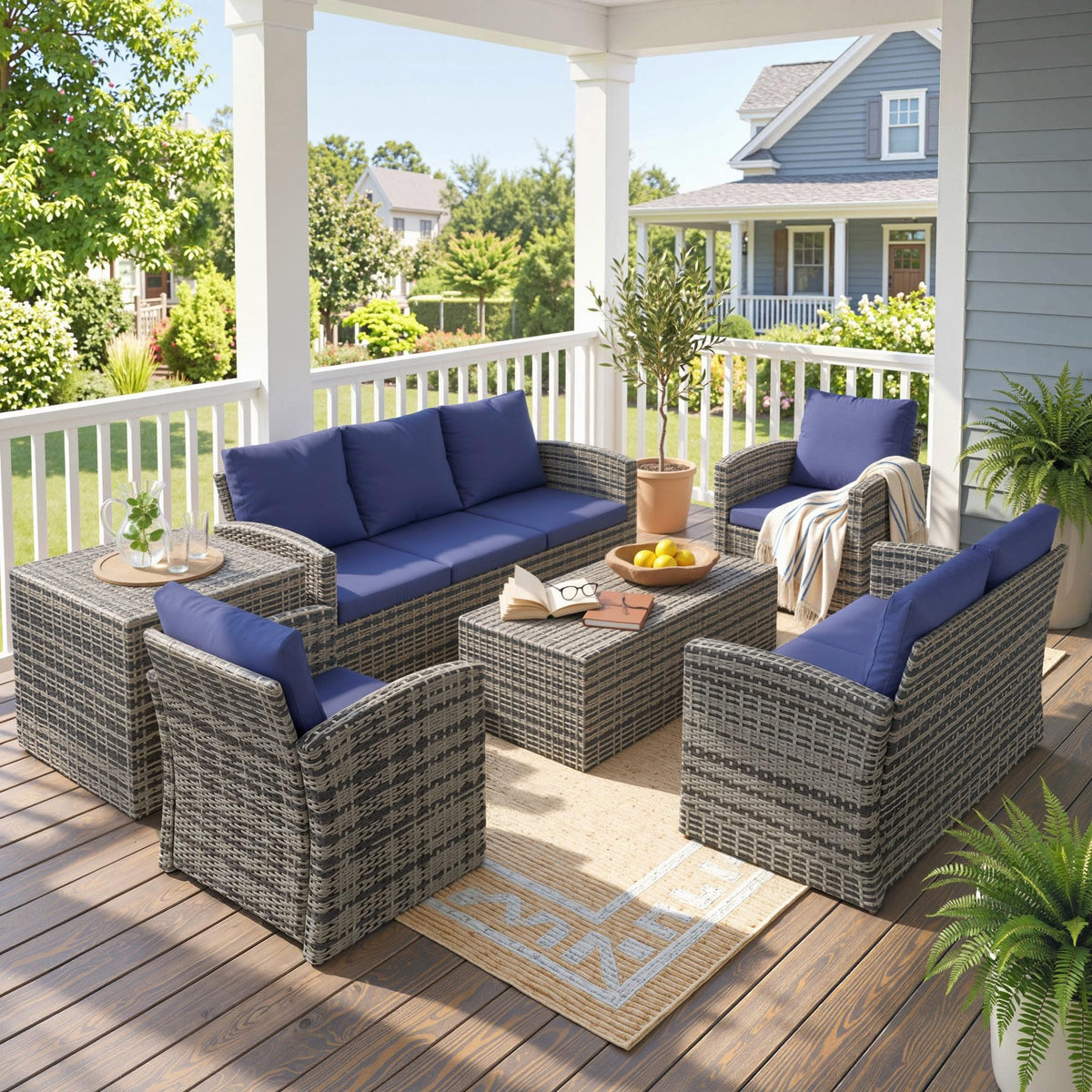 Outsunny Rattan Garden Furniture Set, 7-Seater - 6-Piece, Cushions, Grey