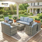 Outsunny Rattan Garden Furniture Set, 7-Seater - 6-Piece, Cushions, Grey