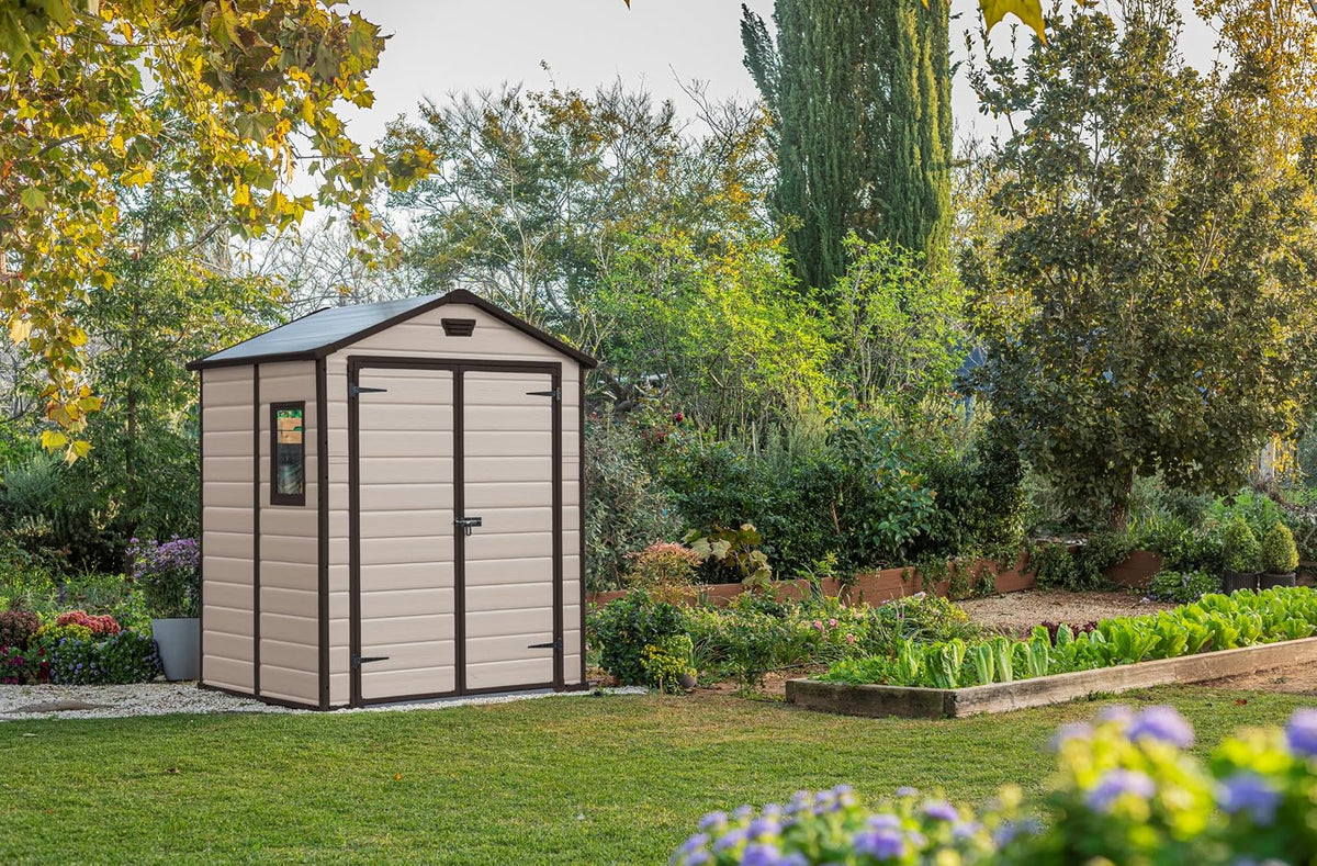 Keter Manor Apex Garden Shed - 6 x 5 ft, Double Door, Beige