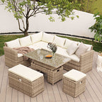 Granchester Rattan Corner Dining Sofa Set - Rectangular Rising Table, Natural