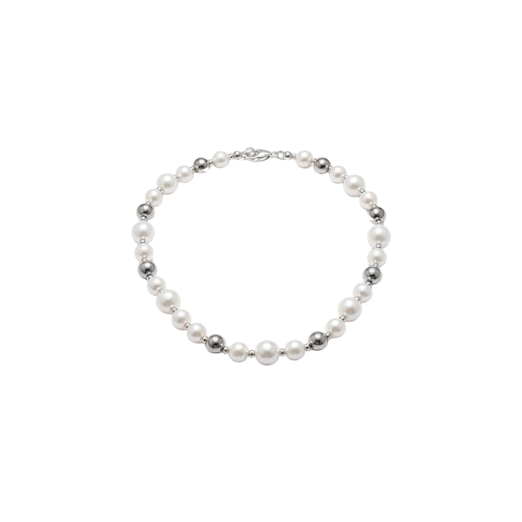 Pearl necklace worn by a person against a plain background