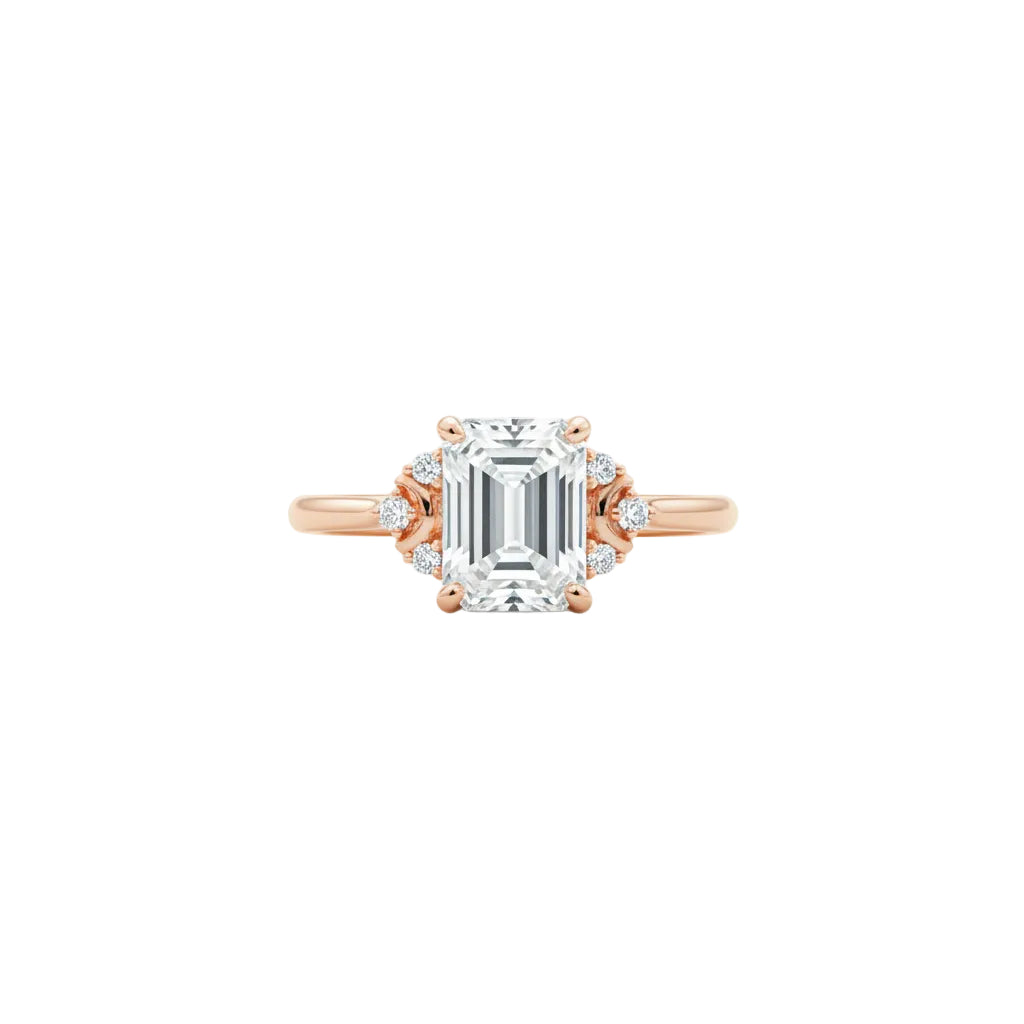 Rose gold ring with a large diamond on a person's finger