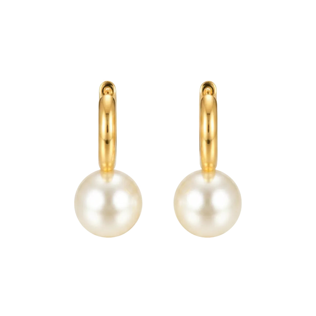 Gold hoop earrings with pearl beads on a white background